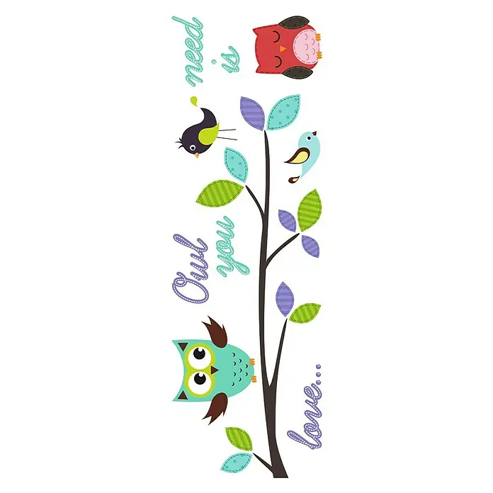 Vinilo de pared Búho - Multicolor, Plástico - Adhesivo de pared con coloridos búhos, pájaros y ramas con hojas. Diseño decorativo con los textos "need is love" y "Owl you".