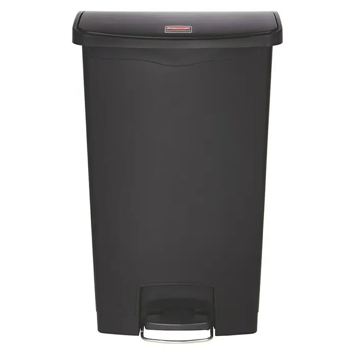 Proregal Treteimer Rubbermaid Slim Jim Step On Container Front Step Pedal-Abfalleimer - 68 l, Kunststoff, Schwarz - Abbildung eines schwarzen Rubbermaid-Treteimer für den Haushalt. Der Abfalleimer hat ein schlankes Design und einen Deckel.