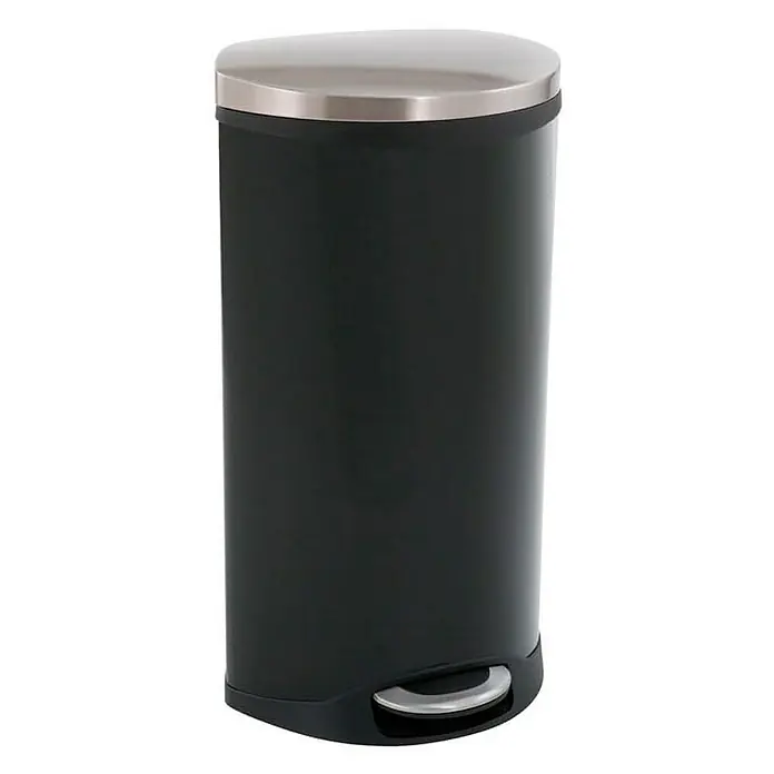Proregal Treteimer Auffallender muschelförmiger Treteimer - 30 l, Edelstahl, Schwarz - Ein schwarzer, ovaler Treteimer mit einem Deckel aus rostfreiem Stahl, ideal für Badezimmer oder Küche. Praktisch und stilvoll.