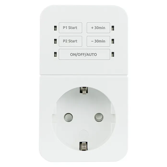 REV Zeitschaltuhr One Touch - 3.680 W, L x B x H: 95 x 54 x 69,5 mm - Eine Nahaufnahme einer weißen Zeitschaltuhr mit Tasten zur Programmierung und einer Steckdose für elektronische Geräte.