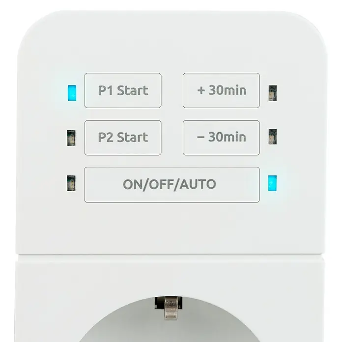REV Zeitschaltuhr One Touch - 3.680 W, L x B x H: 95 x 54 x 69,5 mm - Detailaufnahme eines weißen Smart Plug mit verschiedenen Tasten zur Steuerung, einschließlich Start, Timer und Ein/Aus-Funktionen.
