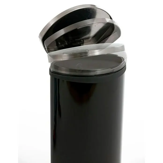 Proregal Treteimer Auffallender muschelförmiger Treteimer - 30 l, Edelstahl, Schwarz - Hier ist ein Mülleimer mit Schwingdeckel, der sich im geöffneten Zustand befindet und sein schlankes, schwarzes Äußeres zeigt.