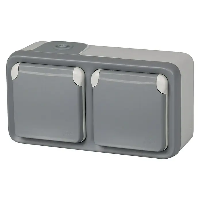 Legrand Plexo Enchufe para estancias con humedad doble - Gris, Alineación de los mecanismos: Vertical, Montaje en superficie, IP55 - Interruptor de luz doble gris para uso exterior, ideal para controlar dos circuitos de luz o dispositivos. Duradero y resistente a la intemperie.