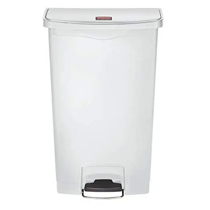 Proregal Treteimer - 40 l, Edelstahl, Weiß, Deckel Edelstahl - Bild eines weißen, freistehenden Rubbermaid-Treteimer. Der Treteimer hat ein schlankes Design und ist ideal für Bad oder Küche.