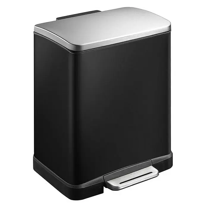 Proregal Treteimer Stilvoller rechteckiger Treteimer mit extra breitem Pedal - 12 l, Edelstahl, Schwarz, Deckel Edelstahl - Ein schlanker, schwarzer Treteimer mit einem silbernen Deckel, ideal für Badezimmer oder Küche, vereint Funktionalität mit modernem Design.