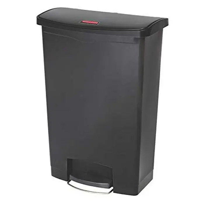 Proregal Treteimer - 45 l, Edelstahl, Weiß, Deckel Edelstahl - Ein schwarzer, rechteckiger Rubbermaid Treteimer mit Deckel, ideal für Küche oder Bad. Der Mülleimer ist aus robustem Kunststoff gefertigt.