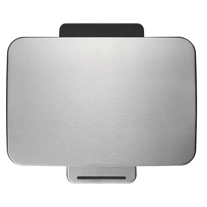Proregal Treteimer Stilvoller rechteckiger Treteimer mit extra breitem Pedal - 12 l, Edelstahl, Schwarz, Deckel Edelstahl - Draufsicht auf eine rechteckige, metallische Tischwaage mit abgerundeten Ecken und einer schwarzen Ablagefläche.