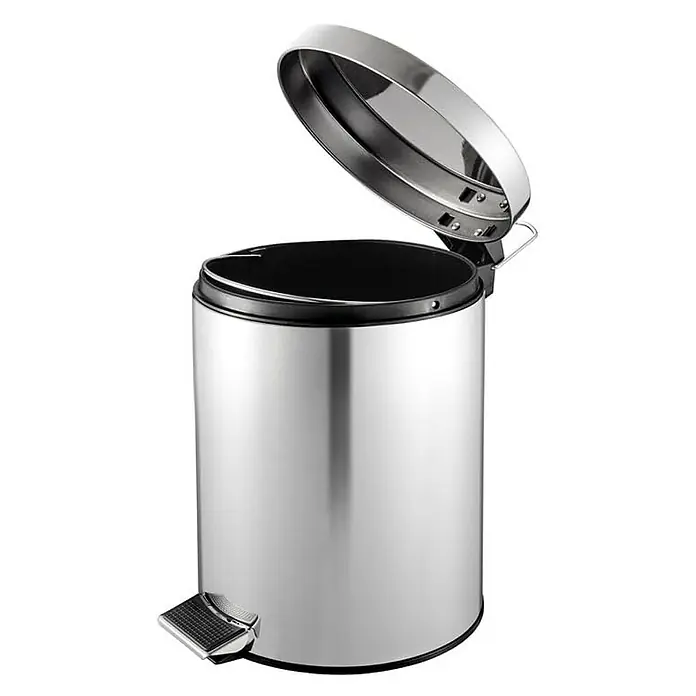 Proregal Treteimer Runder Tretabfallsammler mit herausnehmbaren Kunststoff-Inneneimer - 5 l, Metall, Edelstahl - Ein runder, silberfarbener Treteimer mit geöffnetem Deckel, ideal für Bad oder Küche.