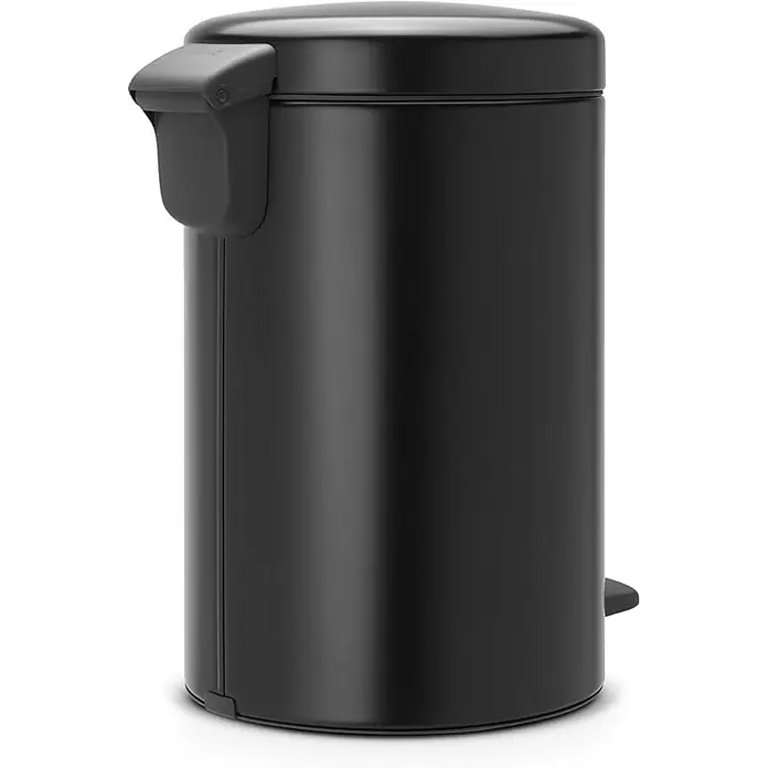 Proregal Treteimer Brabantia Klassischer Tretmülleimer mit Soft-Verschluss - 12 l, Metall, Metallik Schwarz - Ein schwarzer, zylindrischer Tretabfalleimer mit einem Pedal am Boden und einem Scharnierdeckel. Der Abfalleimer ist für Badezimmer und andere Räume geeignet.