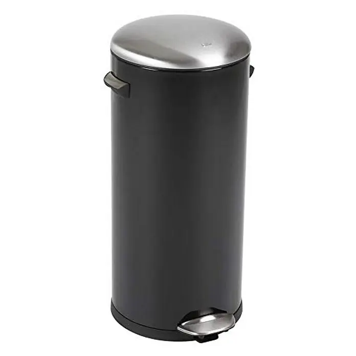 Proregal Treteimer Retro Treteimer mit markanten Griffen und Kugelkappe - 30 l, Kunststoff, Schwarz - Ein eleganter, schwarzer Treteimer mit einem silbernen Deckel und Fußpedal. Perfekt für Bad, Küche oder Büro, um Abfälle stilvoll zu entsorgen.