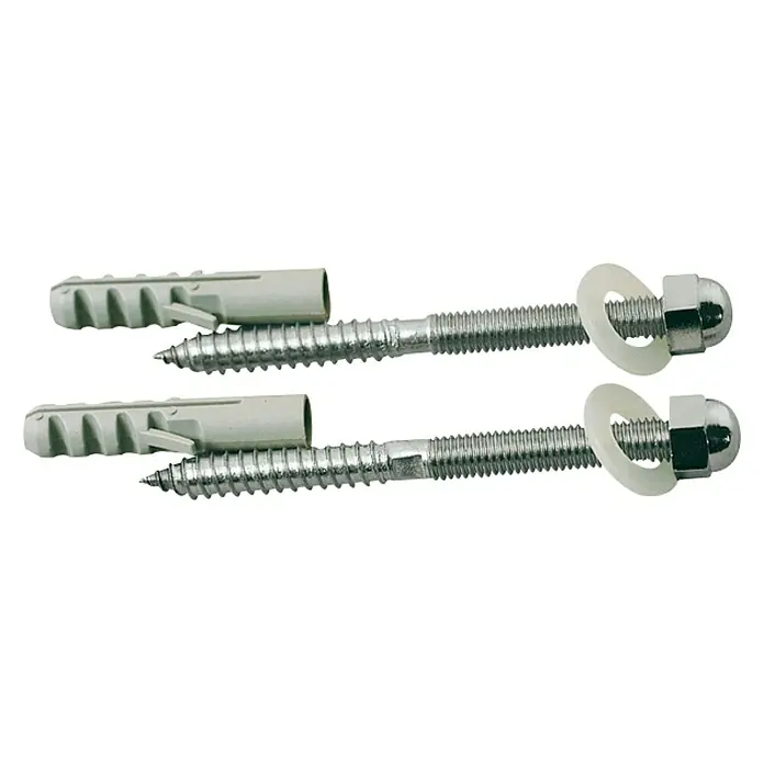 Tornillo de fijación Inodoro - 75 mm, 2 ud. - Primer plano de dos tornillos con anclajes, arandelas y tuercas. El conjunto es ideal para sujetar de forma segura diversos elementos.
