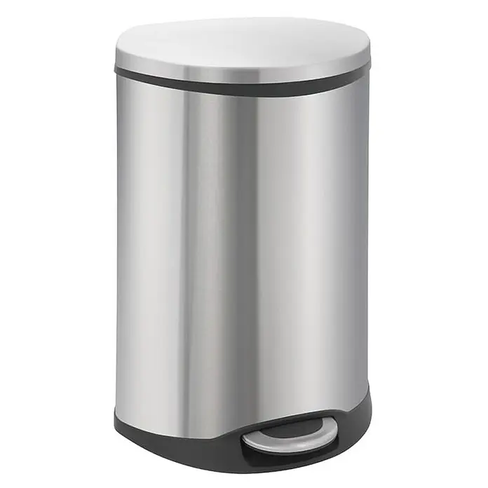Proregal Treteimer Auffallender muschelförmiger Treteimer - 50 l, Edelstahl, Silber - Ein runder, silberner Treteimer aus Edelstahl mit einem schwarzen Sockel und einem weißen Deckel. Ideal für Bad oder Küche.