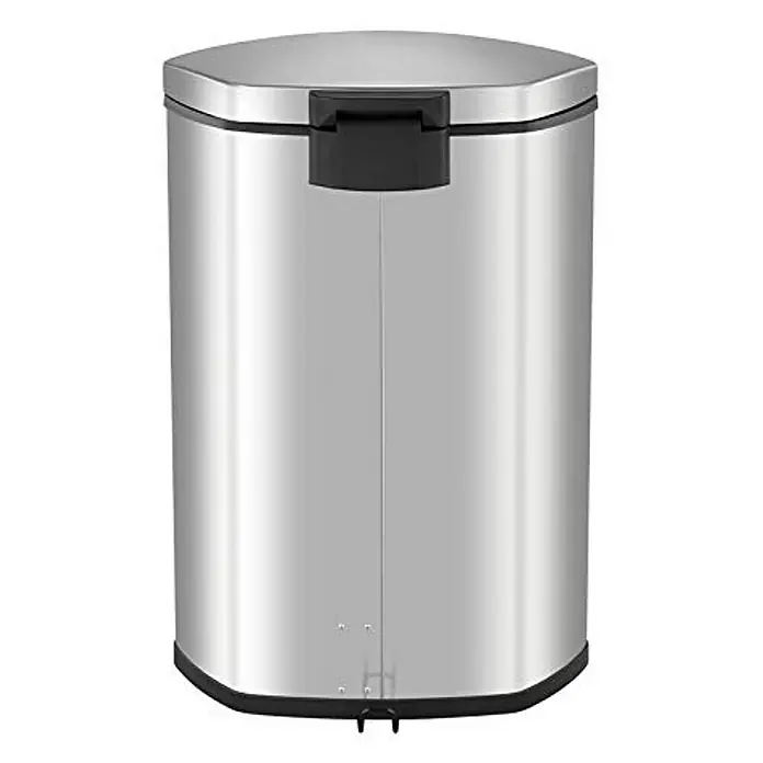 Proregal Treteimer Auffallender muschelförmiger Treteimer - 50 l, Edelstahl, Silber - Silberner Treteimer mit schwarzem Deckel für die Küche. Der Mülleimer hat ein Fassungsvermögen von ca. 50 Litern und ist leicht zu reinigen.