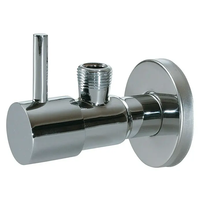 Llave de escuadra Cilindro - Rosca exterior: ½″, Cromado - Primer plano de una válvula angular cromada brillante utilizada para instalaciones de fontanería, que muestra una estética moderna.