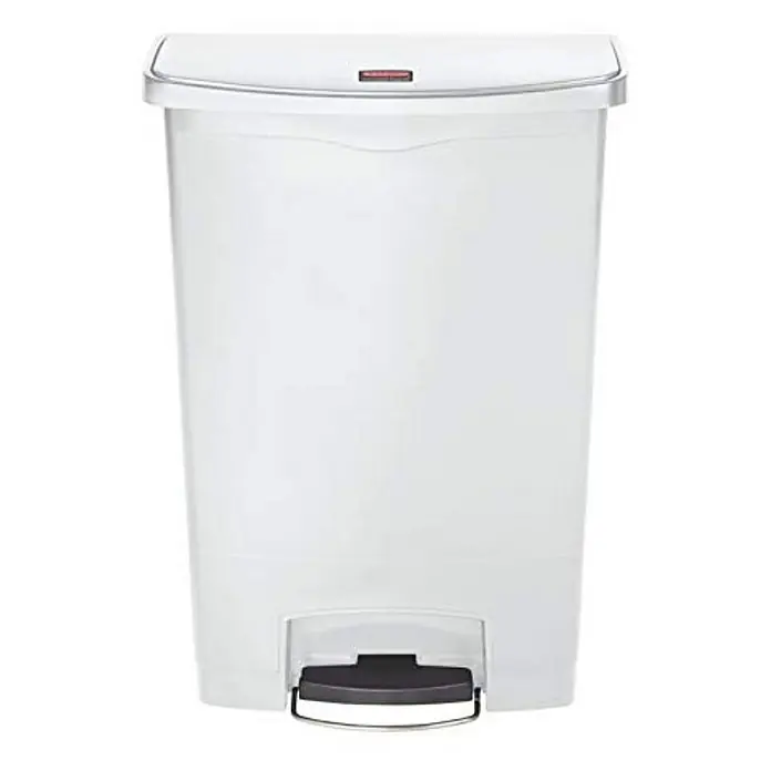 Proregal Treteimer - 30 l, Edelstahl, Edelstahl - Ein weißer Treteimer mit einem roten Knopf auf dem Deckel und einem schwarzen Pedal unten. Ideal für Küche oder Bad.
