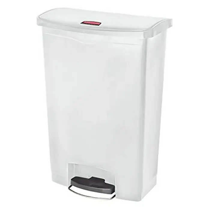 Proregal Treteimer - 30 l, Edelstahl, Edelstahl - Ein weißer Treteimer mit einem roten Logo auf dem Deckel, ideal für die Küche oder das Bad. Praktisch und hygienisch.