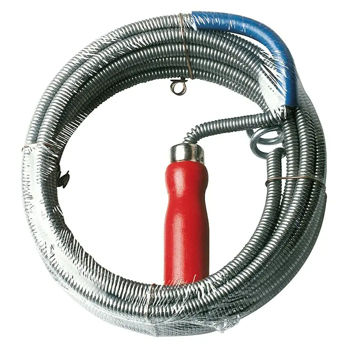 Desatascador espiral reforzado - Apto para: Tuberías de desagüe - Serpentín de drenaje con mango rojo y cubierta azul, enrollado y envuelto en plástico. Herramienta para desatascar tuberías.