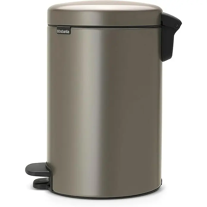 Proregal Treteimer Brabantia Klassischer Tretmülleimer mit Soft-Verschluss - 12 l, Metall, Platin - Ein stilvoller, runder, grau-brauner Treteimer von Brabantia mit einem schwarzen Pedal und Deckelmechanismus für hygienische Abfallentsorgung.