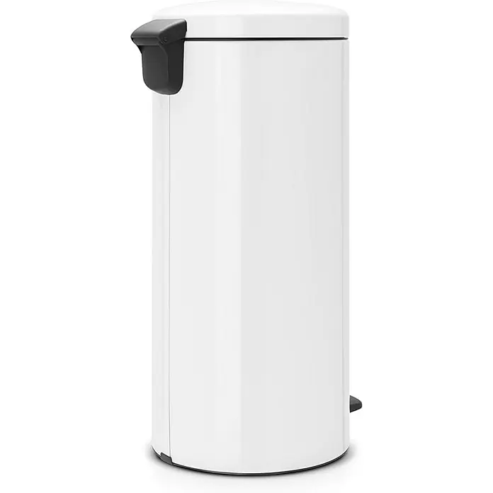 Proregal Treteimer Brabantia Klassischer Tretmülleimer mit Soft-Verschluss - 30 l, Metall, Weiß - Ein weißer, zylindrischer Treteimer mit einem schwarzen Deckel-Öffner und einem Fußpedal.