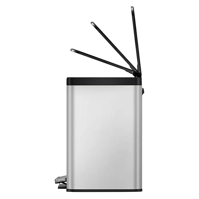 Proregal Treteimer - 30 l, Edelstahl, Silber - Silberfarbener Treteimer aus Edelstahl mit schwarzem Deckel, der in drei verschiedenen Positionen geöffnet ist.