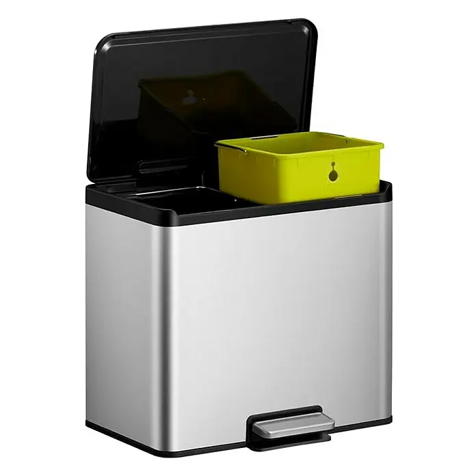 Proregal Treteimer - 30 l, Edelstahl, Silber - Bild eines rechteckigen, silberfarbenen Treteimers mit schwarzem Deckel und gelbem Inneneimer.