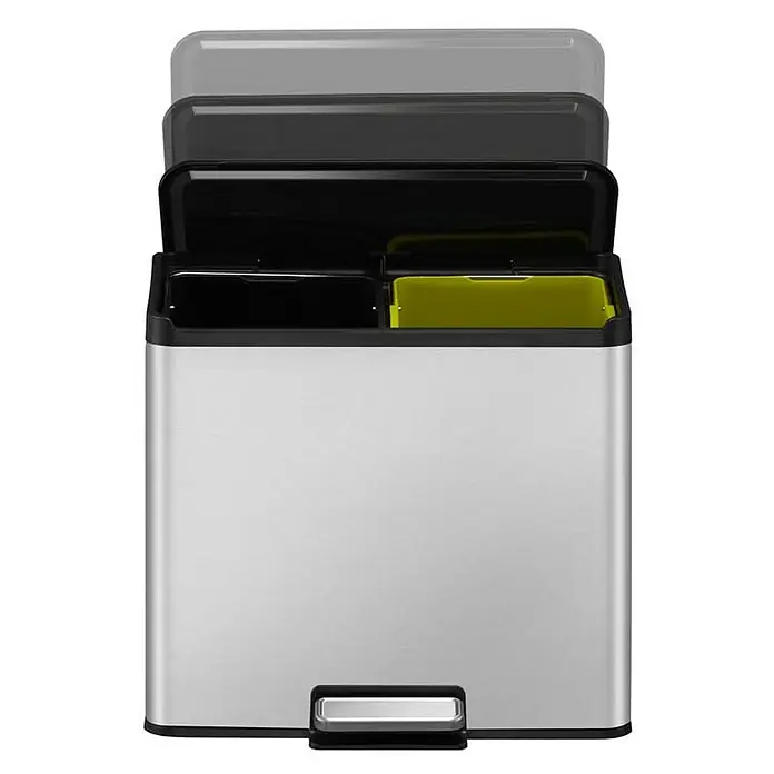 Proregal Treteimer - 30 l, Edelstahl, Silber - Ein offener, silberfarbener Treteimer mit zwei Fächern und einem schwarzen und einem gelben Inneneimer für die Mülltrennung.