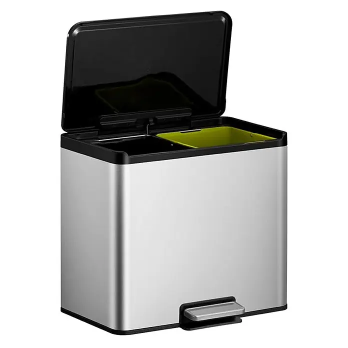 Proregal Treteimer - 30 l, Edelstahl, Silber - Bild eines silberfarbenen Mülleimers mit zwei Fächern und Fußpedal, der Deckel ist offen.