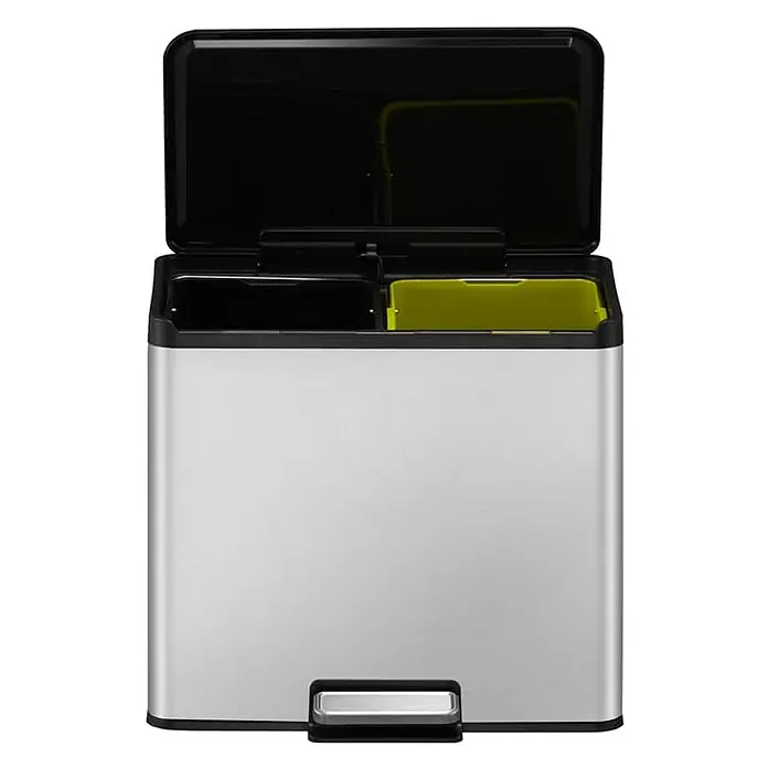 Proregal Treteimer - 30 l, Edelstahl, Silber - Bild eines silberfarbenen Treteimers mit zwei Fächern, offenem Deckel und einem schwarzen sowie einem gelben Fach.