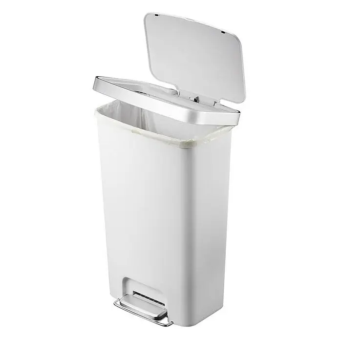 Proregal Treteimer Funktionale Treteimer aus Kunststoff mit Soft-Close-Deckel - 45 l, Kunststoff, Grau - Ein weißer Treteimer mit offenem Deckel und silberfarbenen Akzenten, der ein modernes Design für die Abfallentsorgung bietet.