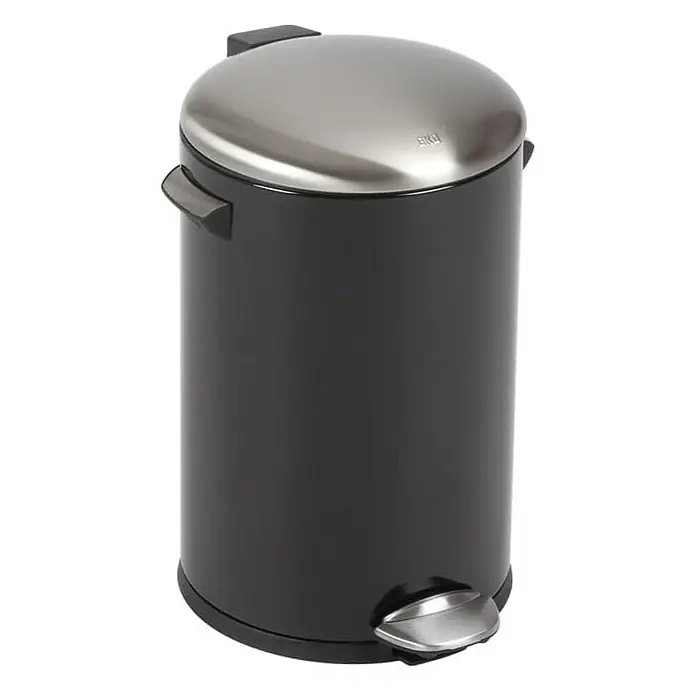 Proregal Treteimer Retro Treteimer mit markanten Griffen und Kugelkappe - 12 l, Kunststoff, Schwarz - Bild eines schwarzen Treteimer mit silbernem Deckel. Praktischer Abfalleimer für Bad oder Küche, robust und stilvoll.
