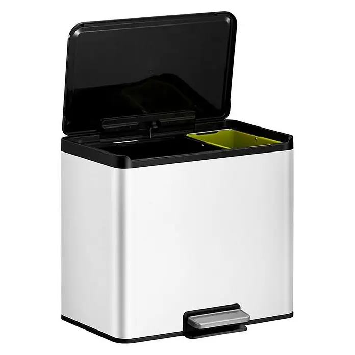 Proregal Treteimer - 29 l, Edelstahl, Weiß - Abfalltrennsystem mit zwei Fächern: Eine moderne und effiziente Lösung für die Mülltrennung im Haushalt, mit einem stilvollen Design in Silber und Schwarz.
