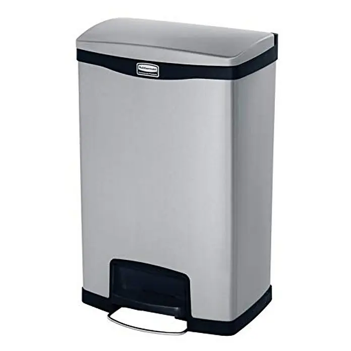Proregal Treteimer Rechteckiger Treteimer aus gebürstetem Edelstahl - 45 l, Edelstahl, Silber - Silberner Rubbermaid-Treteimer mit schwarzem Sockel und Deckel, ideal für Küche oder Bad, bietet freihändige Bedienung und modernes Design.