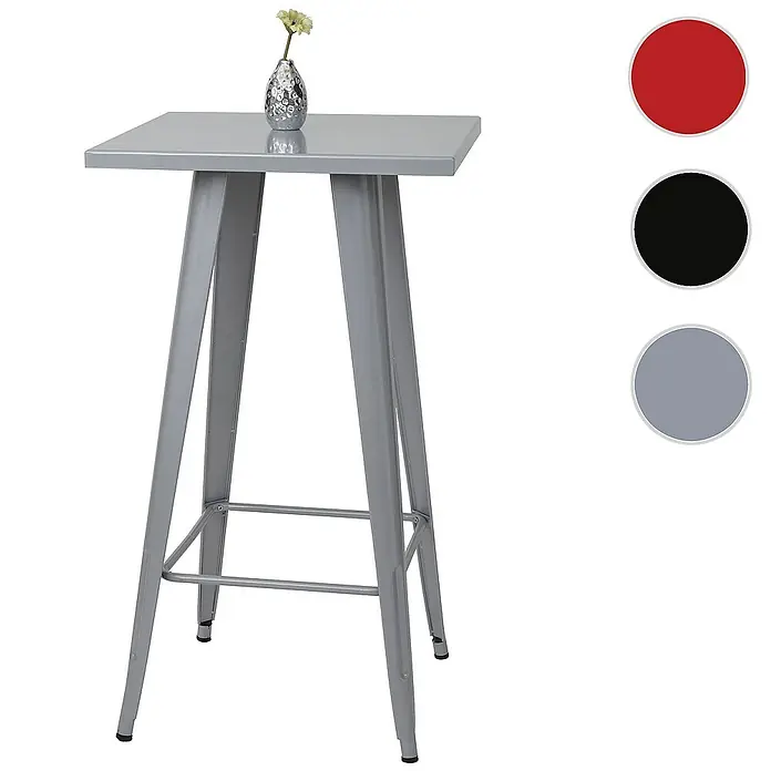 Chefgastro Garten-Stehtisch mit Metall-Tischplatte - Eckig, Grau - Ein grauer Stehtisch mit quadratischer Tischplatte und Metallgestell, dekoriert mit einer kleinen Vase mit Blume, neben Farbvarianten.
