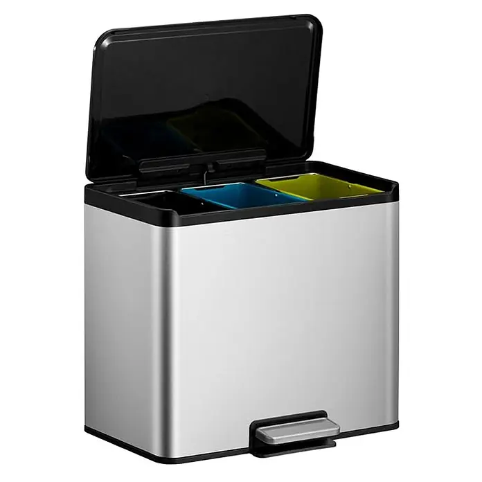 Proregal Treteimer - 27 l, Edelstahl, Silber - Ein offener, silberner Abfalleimer mit drei farbigen Inneneimern und einem schwarzen Deckel. Praktisch für Mülltrennung im Haushalt.
