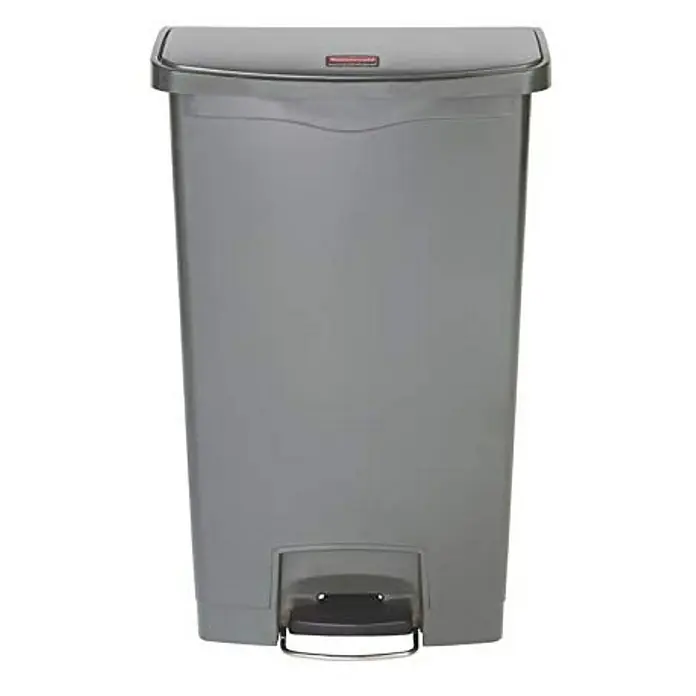 Proregal Treteimer Stilvoller Treteimer aus mattem Edelstahl - 40 l, Edelstahl, Silber - Bild einer grauen Rubbermaid-Treteimer-Mülltonne mit einem Pedal am Boden und einem roten Logo auf dem Deckel.