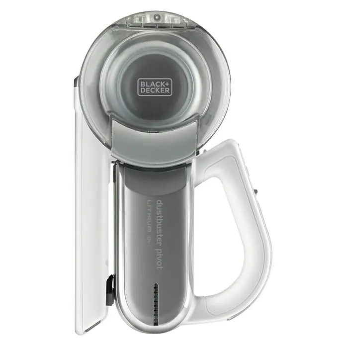 Black+Decker Aspirador de mano de batería PV1820L-AARU - 18 V, 1 batería, Volumen de recipiente: 440 ml - Primer plano de una aspiradora de mano inalámbrica Black+Decker Dustbuster Pivot en blanco y gris, ideal para limpiezas rápidas.
