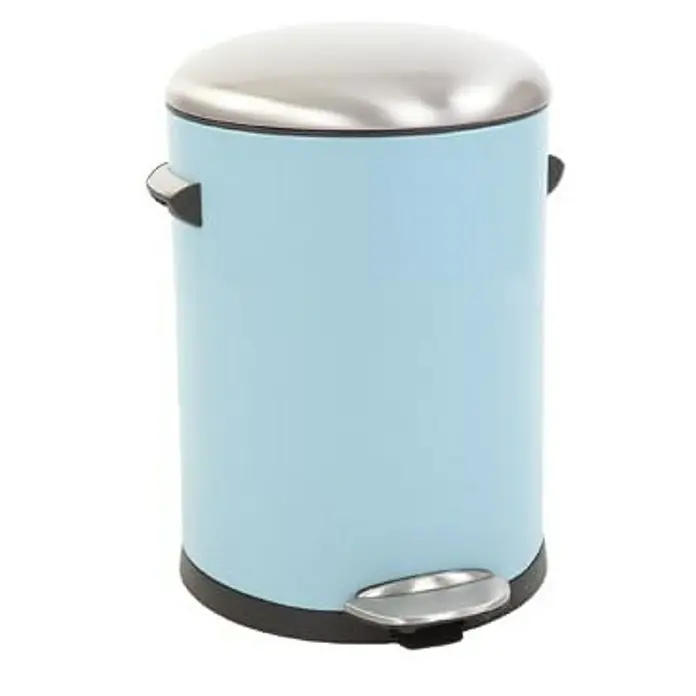Proregal Treteimer Retro Treteimer mit markanten Griffen und Kugelkappe - 5 l, Kunststoff, Hellblau - Ein blauer Treteimer mit silbernem Deckel, ideal für Badezimmer oder Küche, bietet stilvolle Funktionalität.