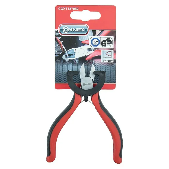 Connex Alicate de corte diagonal - Largo: 11 cm - Primer plano de unos alicates de corte Onnex con mangos rojos y negros, sujetos a un paquete de producto rojo.