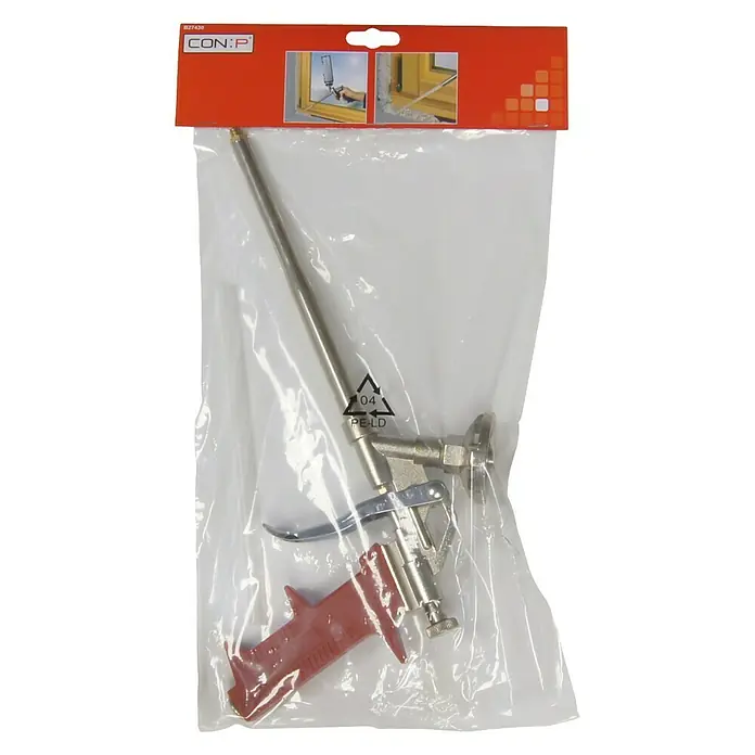 Connex Pistola de espuma B27430 - Apto para: Espuma de PU - Una pistola de espuma en un empaque transparente con mango rojo, perfecta para aplicaciones de espuma precisas.