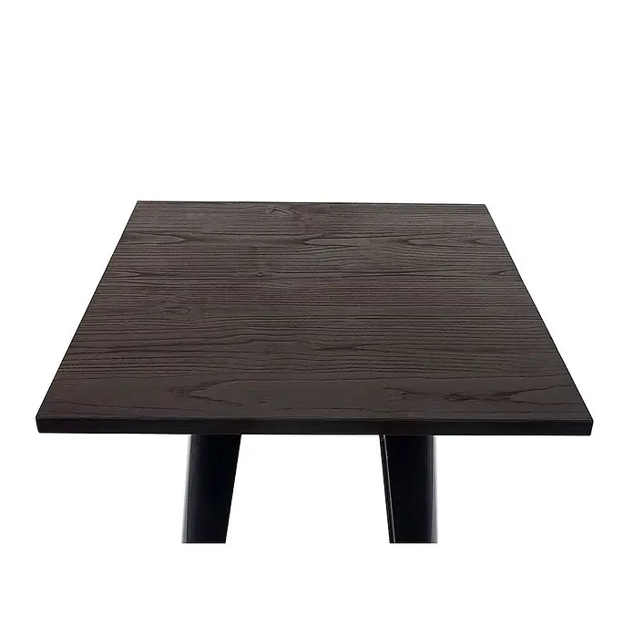 Chefgastro Garten-Stehtisch mit Holz-Tischplatte - L x B x H: 60 x 60 x 107 cm, Eckig, Schwarz - Nahaufnahme eines quadratischen Esstisches mit dunkler Holzplatte und schwarzen Beinen, ideal für moderne Essbereiche.