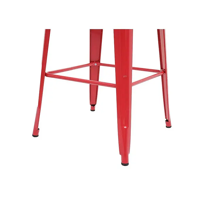 Chefgastro Garten-Stehtisch mit Holz-Tischplatte - L x B x H: 60 x 60 x 107 cm, Eckig, Rot - Detailaufnahme eines roten Metallhockers mit quadratischer Fußstütze, der Stabilität und Haltbarkeit verspricht.