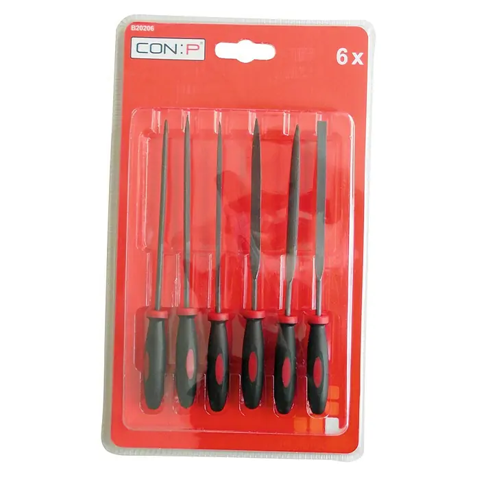 Connex Set de limas - 6 pzs., Apto para: Metal, Longitud hoja de lima: 100 mm - Un juego de seis limas de aguja con mangos negros y rojos, envasadas en un blíster rojo.
