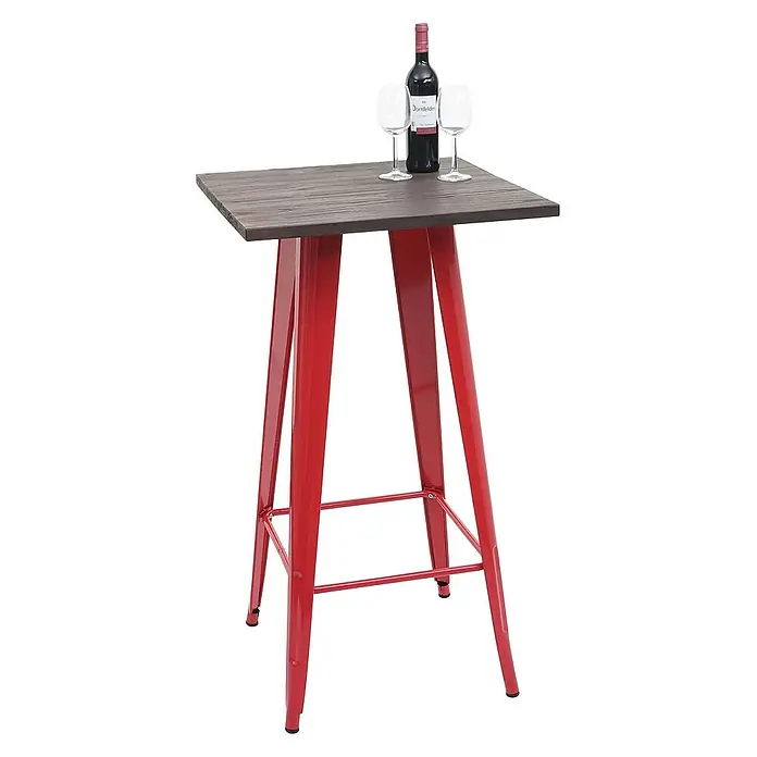 Chefgastro Garten-Stehtisch mit Holz-Tischplatte - L x B x H: 60 x 60 x 107 cm, Eckig, Rot - Eleganter Stehtisch mit rotem Metallgestell und dunkler Holzplatte, ideal für Weinproben und gesellige Abende.