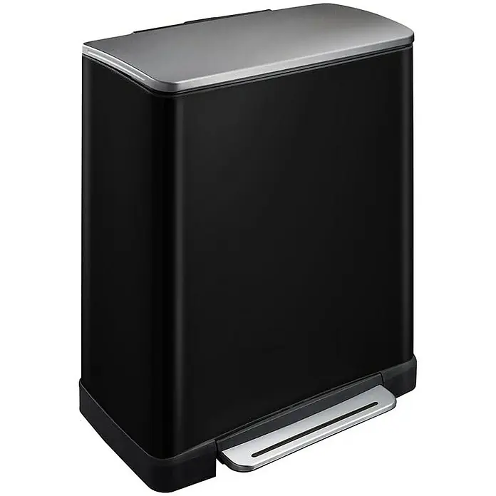 Proregal Treteimer Stilvoller rechteckiger Treteimer mit extra breitem Pedal - 46 l, Edelstahl, Schwarz, Deckel Edelstahl - Ein schicker, schwarzer Treteimer mit einem silbernen Deckel und Pedal, der sich ideal für moderne Küchen eignet. Er ist sowohl funktionell als auch stilvoll.
