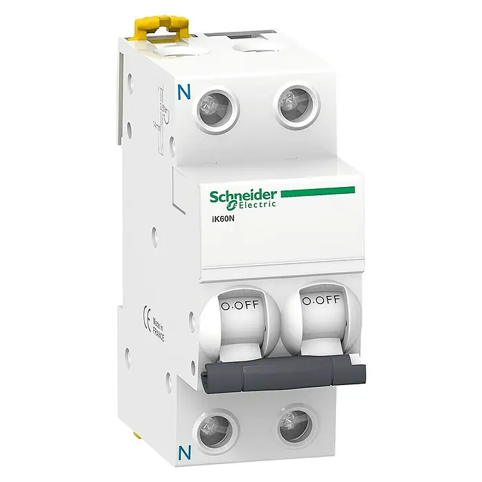 Schneider Electric Interruptor diferencial Bipolar 40 A -  - Imagen de un interruptor automático Schneider Electric iK60N, diseñado para aplicaciones de protección eléctrica.