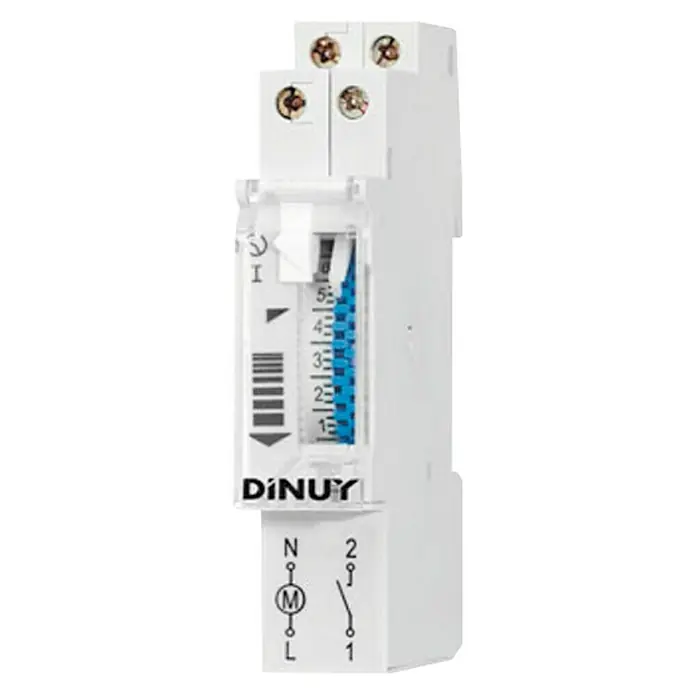 Dinuy Minutero de escalera analógico sin reserva - 250 V - Un relé de tiempo DINUY blanco para montaje en carril DIN, ideal para el control preciso del tiempo en instalaciones eléctricas.