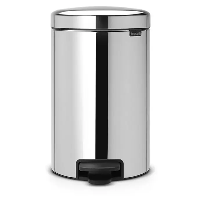Proregal Treteimer Brabantia Klassischer Tretmülleimer mit Soft-Verschluss - 12 l, Metall, Edelstahl - Ein glänzender, zylindrischer Treteimer aus Edelstahl mit schwarzem Pedal. Ideal für Bad oder Küche.