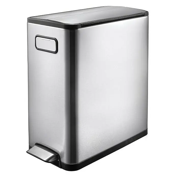 Proregal Treteimer Modern designter Treteimer zur Abfallscheidung aus gebürstetem Edelstahl - 20 l, Edelstahl, Edelstahl - Bild einer rechteckigen, silbernen Abfalltonne mit Fußpedal und schwarzem Deckel. Ideal für Küche oder Bad, bietet sie stilvolle Funktionalität.