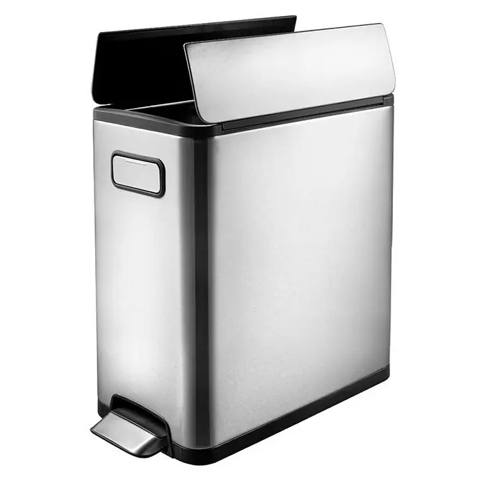 Proregal Treteimer Modern designter Treteimer zur Abfallscheidung aus gebürstetem Edelstahl - 20 l, Edelstahl, Edelstahl - Ein moderner, rechteckiger Edelstahl-Treteimer mit offenem Deckel, ideal für Küche oder Bad, bietet hygienische Abfallentsorgung.