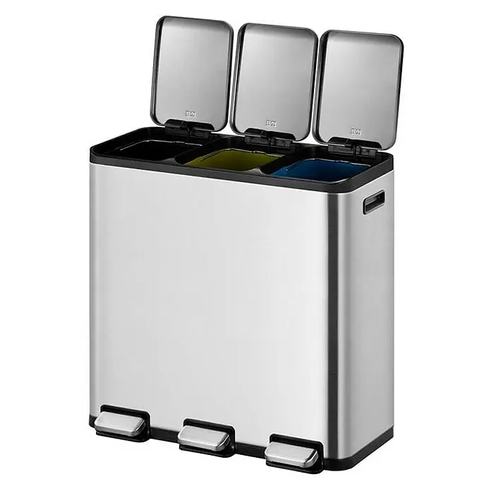 Proregal Treteimer - 45 l, Edelstahl, Silber - Bild eines Mülleimers mit drei Fächern, ideal für die Mülltrennung. Edelstahloptik, passend für jede Küche.